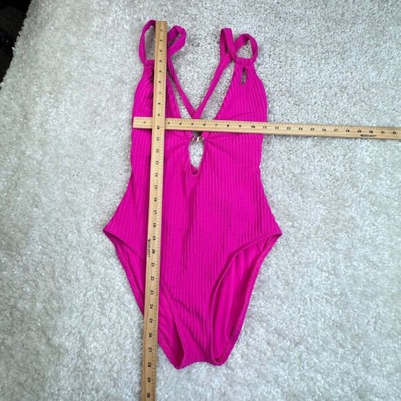Becca One Piece Ring Center Tie Back Swimsuit Azalea Pink Large - Picture 8 of 9